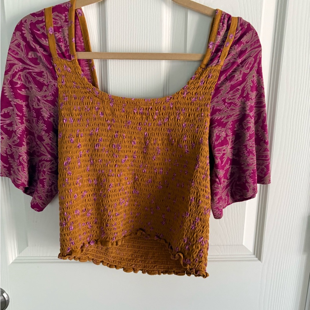 Free People Mustard Smocked Crop Top with Magenta Printed Puff Sleeves